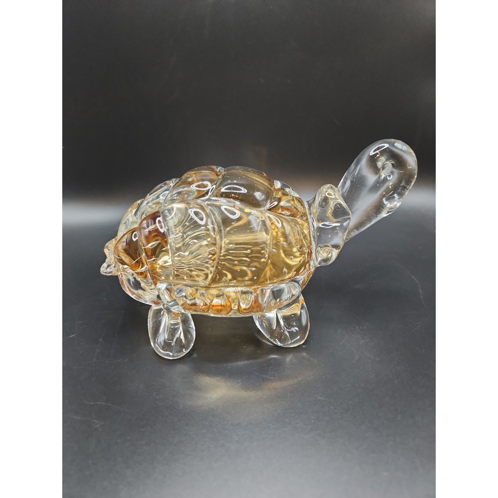 Large 7.75"‎ Yellow & Clear Hand Blown Glass Turtle Tortoise Figurine Vintage